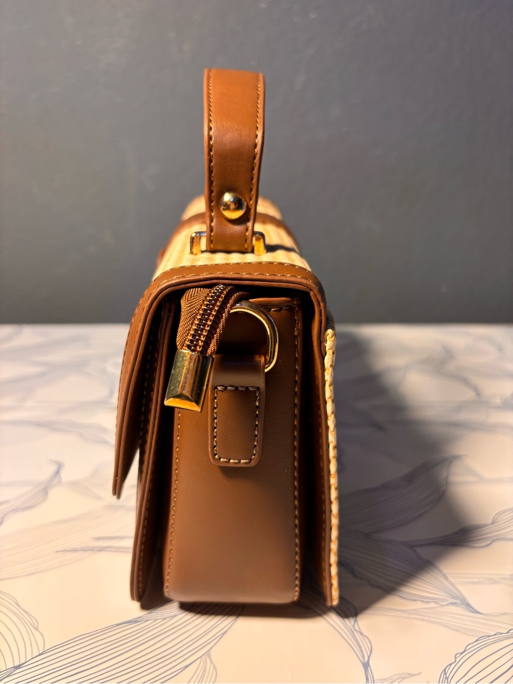 Woven Straw Top-Handle Bag with Brown Leather Trim - Picture 4 of 9